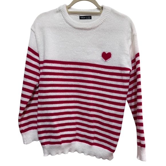 SHEIN- white / red stripe sweater / red heart / size Med - NWOT - Picture 1 of 8